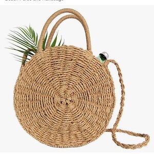 3AM Forever Natural Woven Straw Circle Crossbody or Clutch Tote Bag New